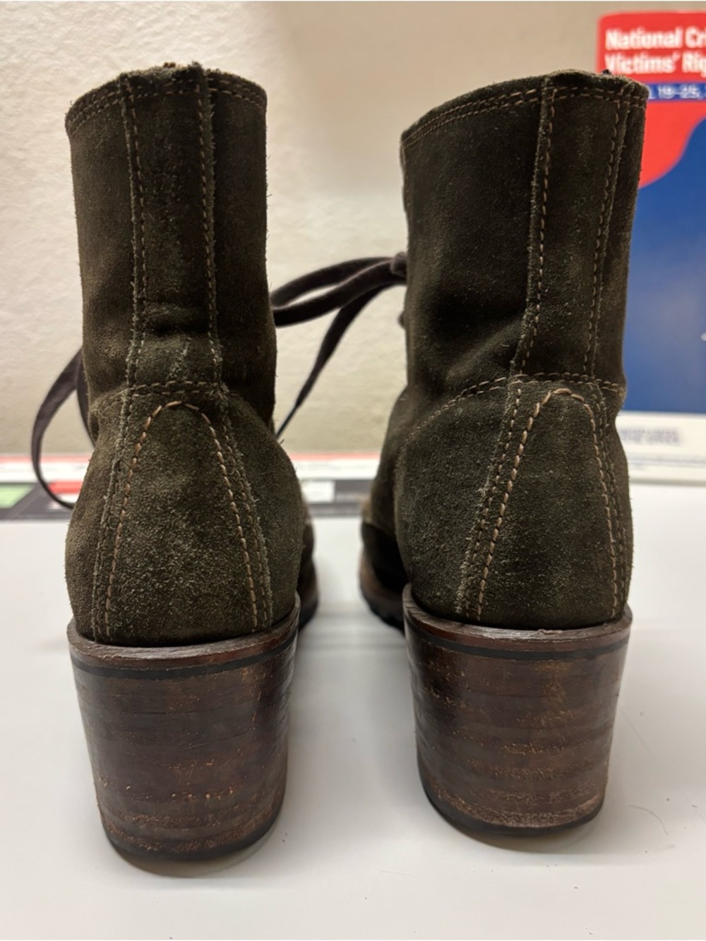 Frye Olive Green Suede Lace-Up Heeled Ankle Boots - Picture 4 of 7